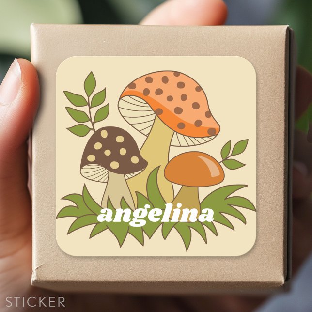 Pegatina Cuadrada Merry Mushroom con nombre personalizado (Custom Sticker - Personalize with your info for a party favor or gift)