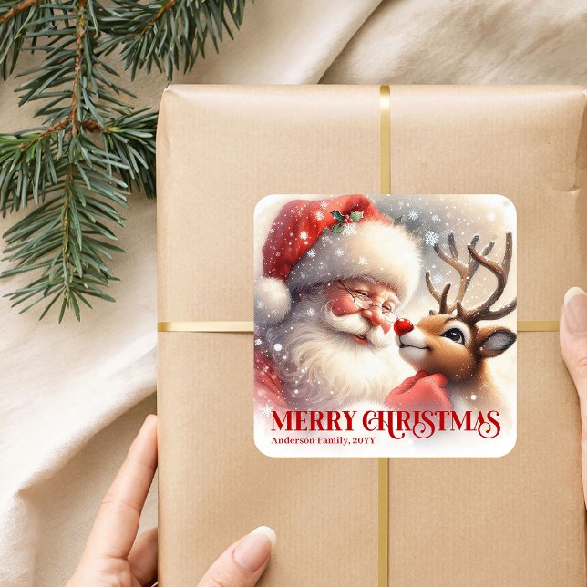 Pegatina Cuadrada Merry Personalized Santa and Rudolph Christmas   (Merry Personalized Santa and Rudolph Christmas Sticker)
