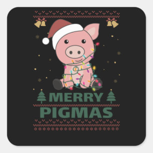 Pegatina Cuadrada Merry Pigmas graciosos Navidades de cerdo Pun