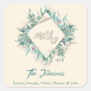 Pegatina Cuadrada Merry Pink Name Mint Green Marfil Holidays Wreath