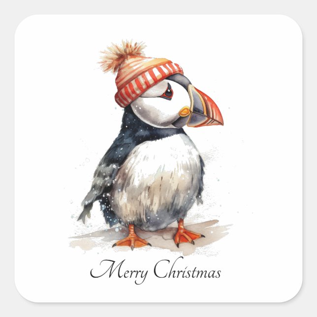 Pegatina Cuadrada Merry Puffin, personalizado (Anverso)