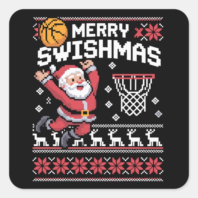 Pegatina Cuadrada Merry Swishmas Basketball Ugly Christmas Xmas  (Anverso)