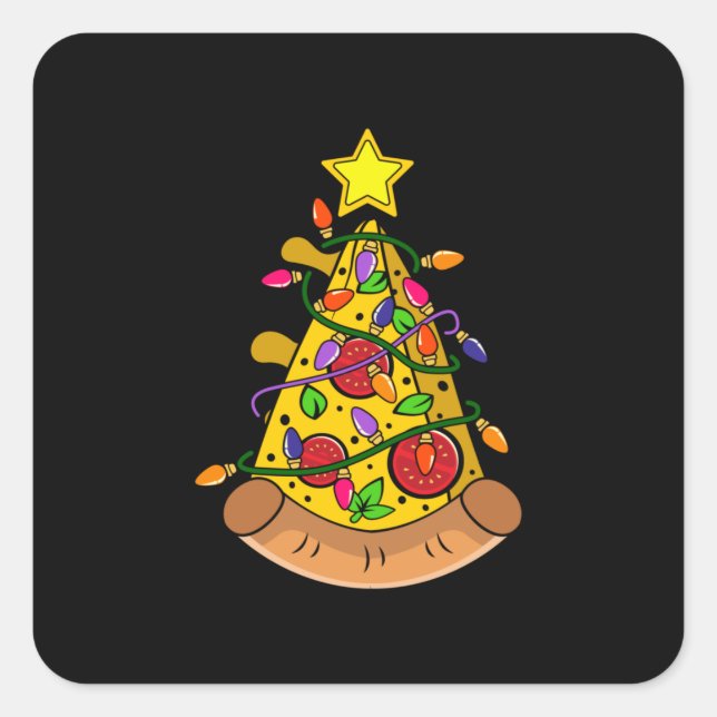 Pegatina Cuadrada Merry Xmas Pizza Christmas Tree Lights (Anverso)