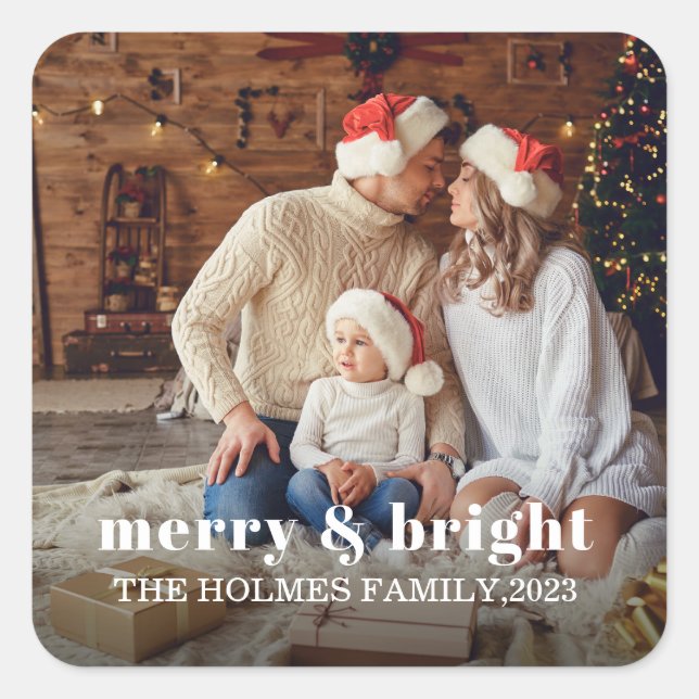 Pegatina Cuadrada Merry y Bright | Foto familiar de Navidades modern (Anverso)