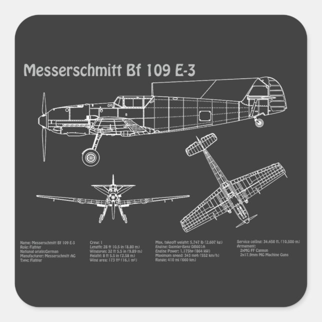 Pegatina Cuadrada Messerschmitt Bf 109 - Avión Blueprint PD (Anverso)