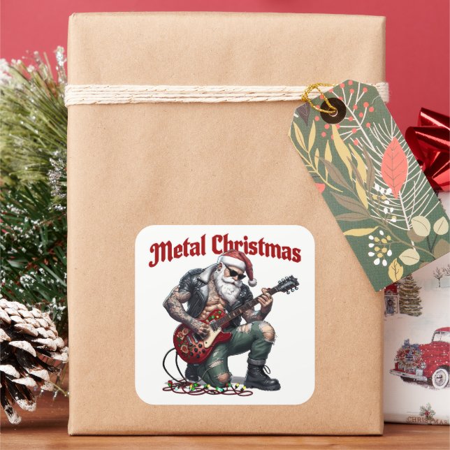 Pegatina Cuadrada Metal Christmas Tattooed Santa Playing Guitar (Vacaciones)