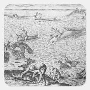 Pegatina Cuadrada Método indio americano de caza de ballenas, de una