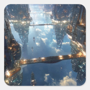 Pegatina Cuadrada Metrópolis flotante en el cielo