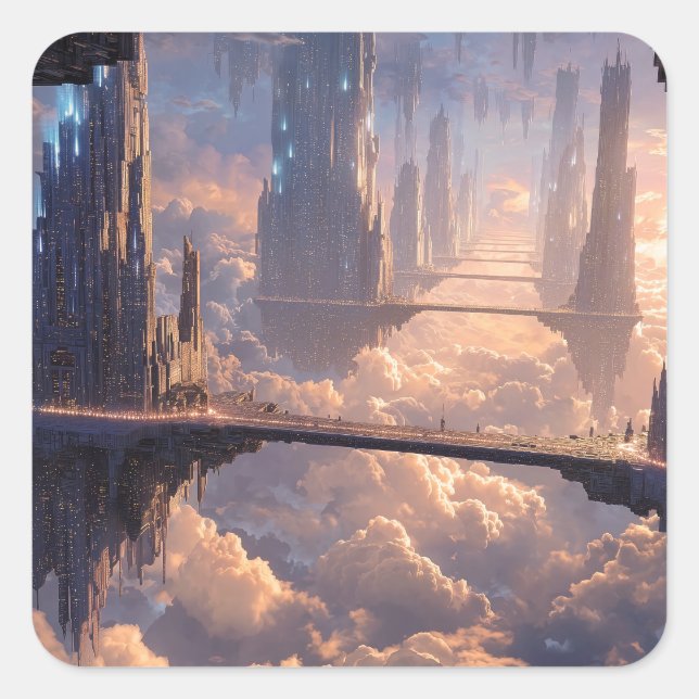 Pegatina Cuadrada Metrópolis flotante en las nubes (Anverso)