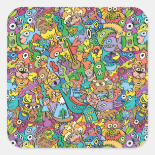 Pegatina Cuadrada Mezcla de doodles divertidos en un divertido patró
