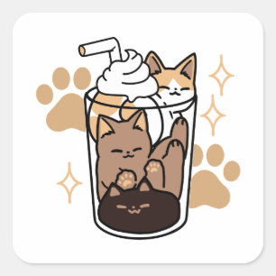 Pegatina Cuadrada Mezcla perfecta: arte de gato y café para amantes