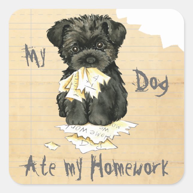 Pegatina Cuadrada Mi Affenpinscher comió mi hogar (Anverso)