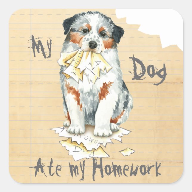 Pegatina Cuadrada Mi Aussie Ate My Homework (Anverso)