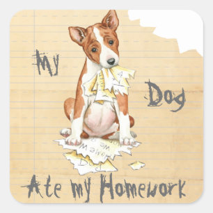 Pegatina Cuadrada Mi Basenji Ate My Homework