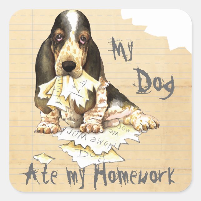 Pegatina Cuadrada Mi Basset Ate My Homework (Anverso)