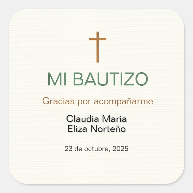 Pegatina Cuadrada Mi Bautizo Favor Sticker Custom Baptism Label (Anverso)