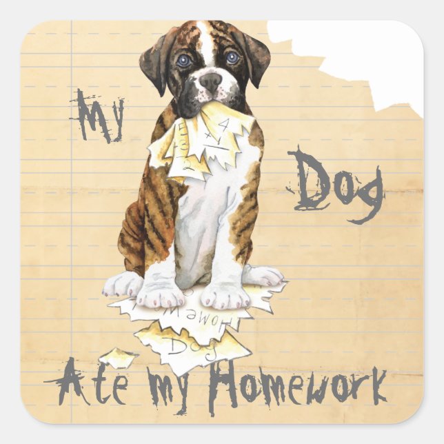 Pegatina Cuadrada Mi boxer comió mi hogar (Anverso)