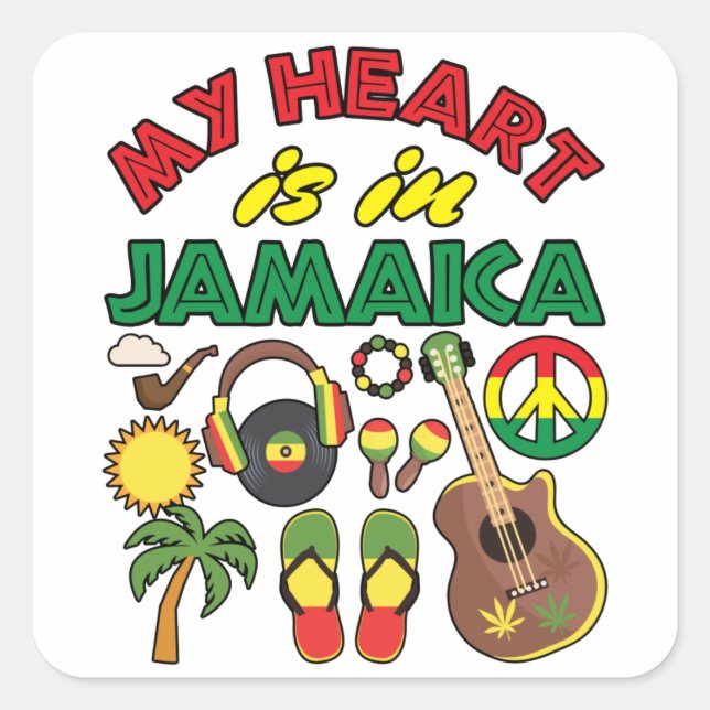 Pegatina Cuadrada Mi corazón está en Jamaica (Anverso)