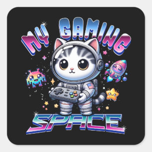 PEGATINA CUADRADA MI ESPACIO DE JUEGOS - GATO ESPACIAL KAWAII