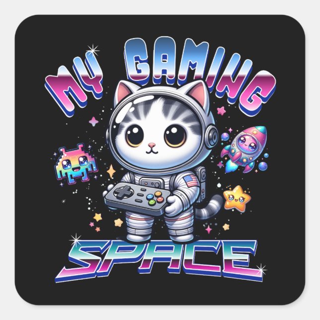 PEGATINA CUADRADA MI ESPACIO DE JUEGOS - GATO ESPACIAL KAWAII (Anverso)
