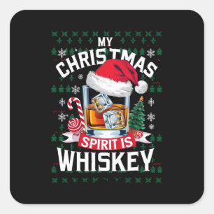 Pegatina Cuadrada Mi espíritu navideño es Whiskey Suéter feo Navidad