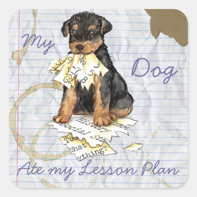 Pegatina Cuadrada Mi plan de clases de Airedale Ate My (Anverso)