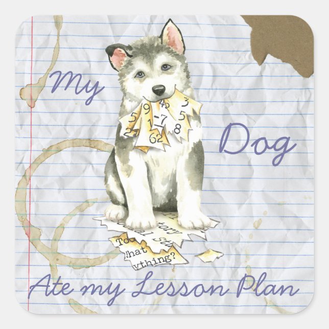 Pegatina Cuadrada Mi plan de clases Malemute Ate My Lesage (Anverso)