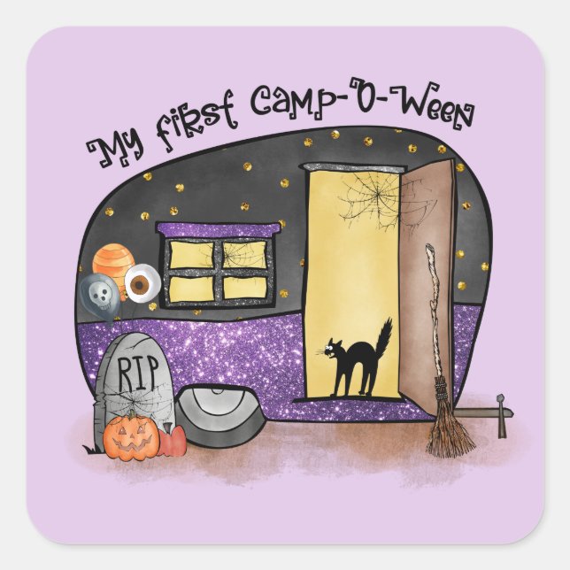 Pegatina Cuadrada Mi primer campamento-O-Ween | Camping de Halloween (Anverso)