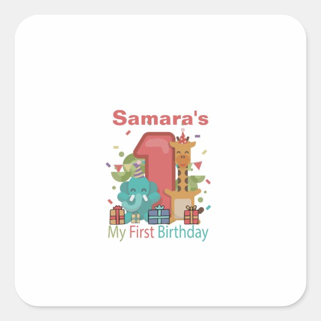 Pegatina Cuadrada Mi primer cumpleaños (Anverso)
