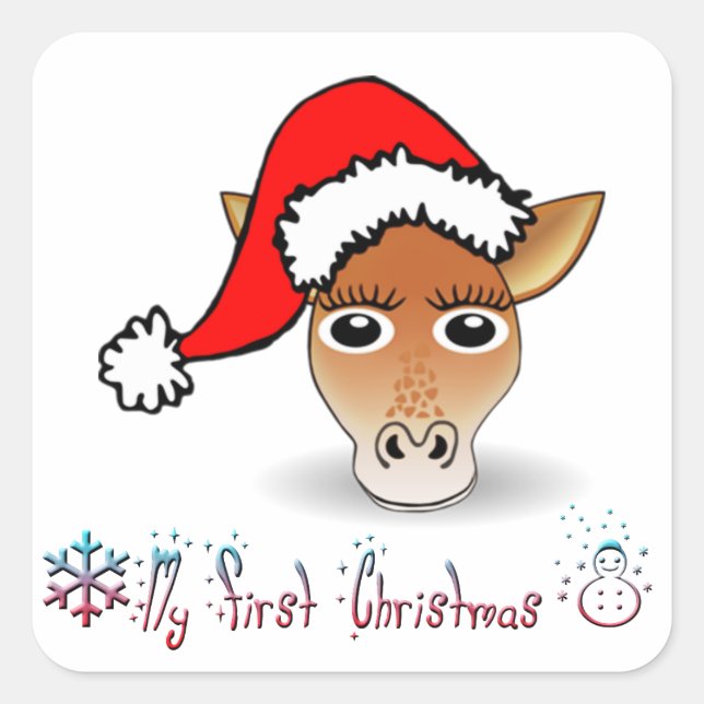 Pegatina Cuadrada Mi primera jirafa de bebé navideña (Anverso)