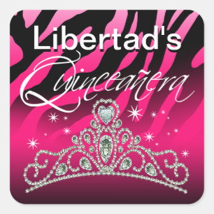 Pegatina Cuadrada Mi Quinceañera Sparkling Tiara Zebra