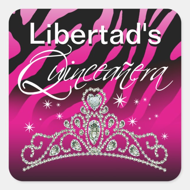 Pegatina Cuadrada Mi Quinceañera Sparkling Tiara Zebra (Anverso)
