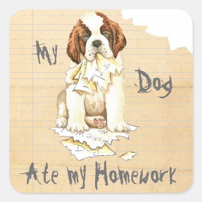 Pegatina Cuadrada Mi St. Bernard se comió mi casa (Anverso)