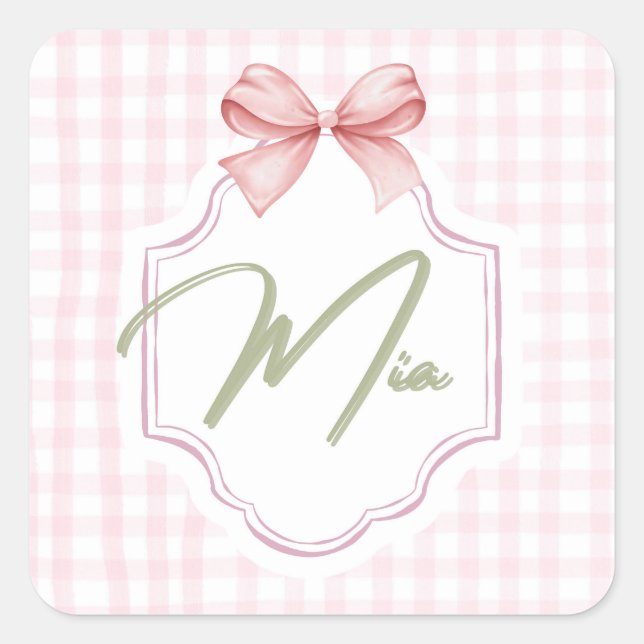 Pegatina Cuadrada Mia Personalizada Bebé Niña Nursery Bow & Gingham (Anverso)