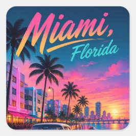 Pegatina Cuadrada Miami Florida Retro Neon Atardecer Viaje