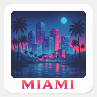 Pegatina Cuadrada Miami Moonrise - Neon Skyline