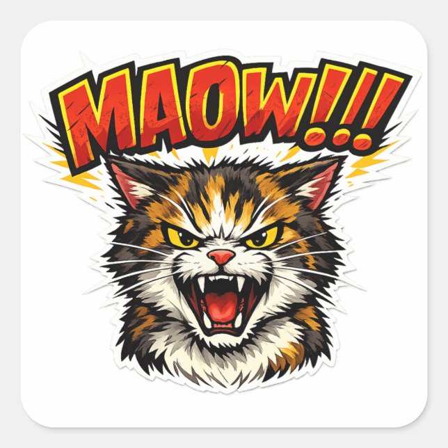Pegatina Cuadrada Miaow!! | Funny Cat Sticker for Cat Lovers (Anverso)