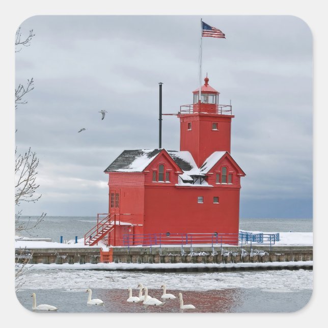 Pegatina Cuadrada Michigan Big Red Lighthouse Cisnes de Invierno (Anverso)