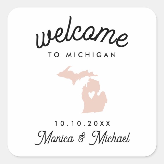 Pegatina Cuadrada MICHIGAN State Destination Wedding ANY COLOR (Anverso)