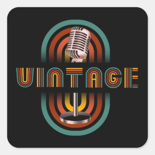Pegatina Cuadrada Micrófono Vintage Música Cantando