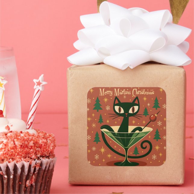 Pegatina Cuadrada Mid Century Black Cat Merry Martini Christmas (Fiesta)