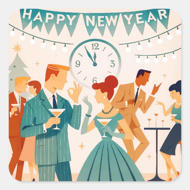 Pegatina Cuadrada Mid Century Happy New Year The Martini Dance (Anverso)