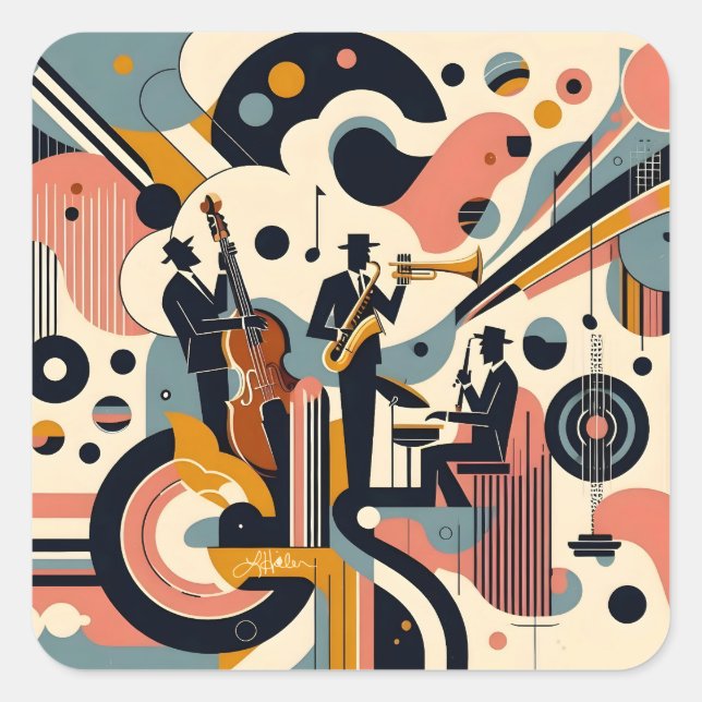 Pegatina Cuadrada Mid Century Jazz Age Psychedelic Trio (Anverso)