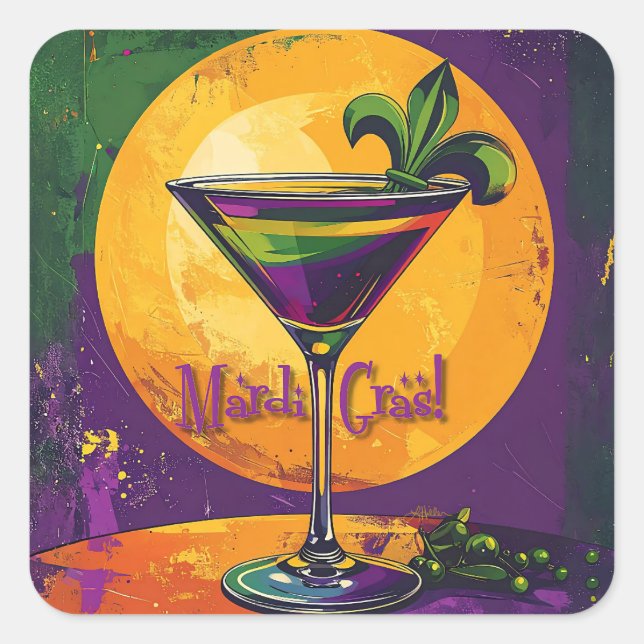 Pegatina Cuadrada Mid Century Mardi Gras Sunset Fleur De Lis Martini (Anverso)