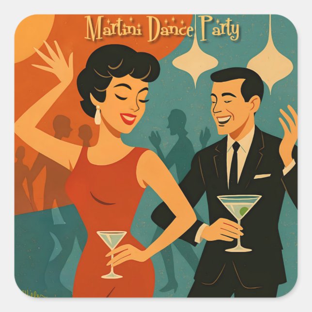 Pegatina Cuadrada Mid Century Martini Dance Party (Anverso)