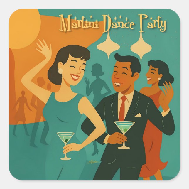 Pegatina Cuadrada Mid Century Martini Dance Party (Anverso)