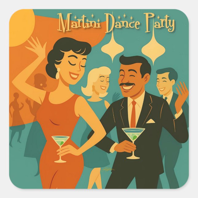 Pegatina Cuadrada Mid Century Martini Dance Party (Anverso)