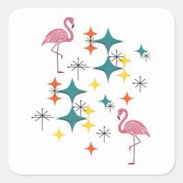 Pegatina Cuadrada Mid Century Modern Atomic Starburst Pink Flamingos