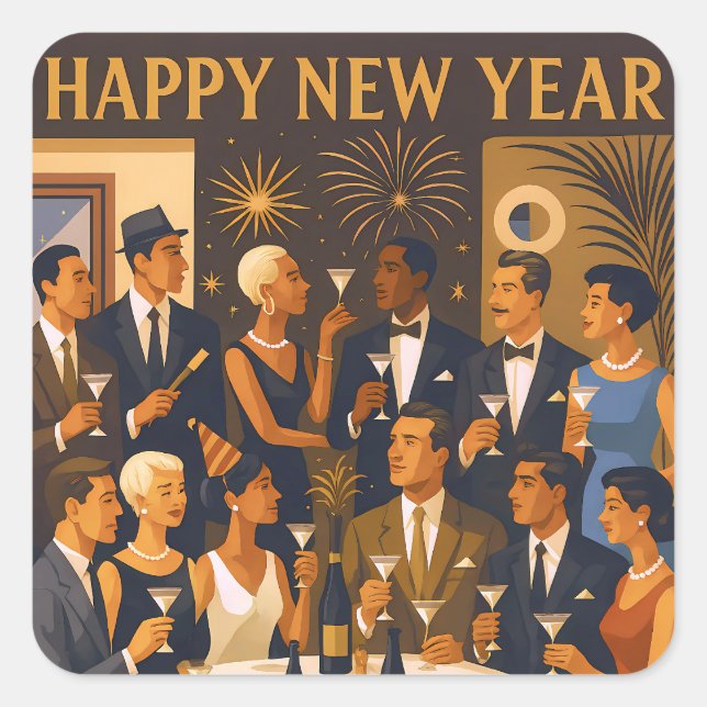 Pegatina Cuadrada Mid Century Modern Martini Intellectuals New Year (Anverso)