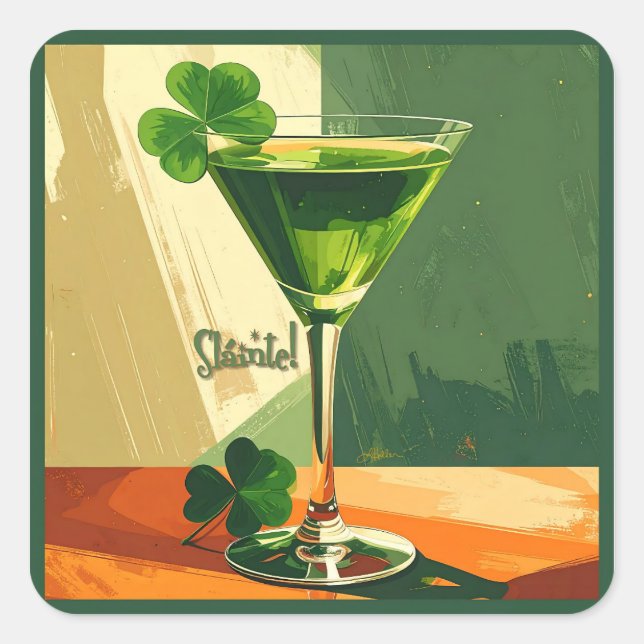 Pegatina Cuadrada Mid Century Modern Shamrock Martini Sláinte!  (Anverso)
